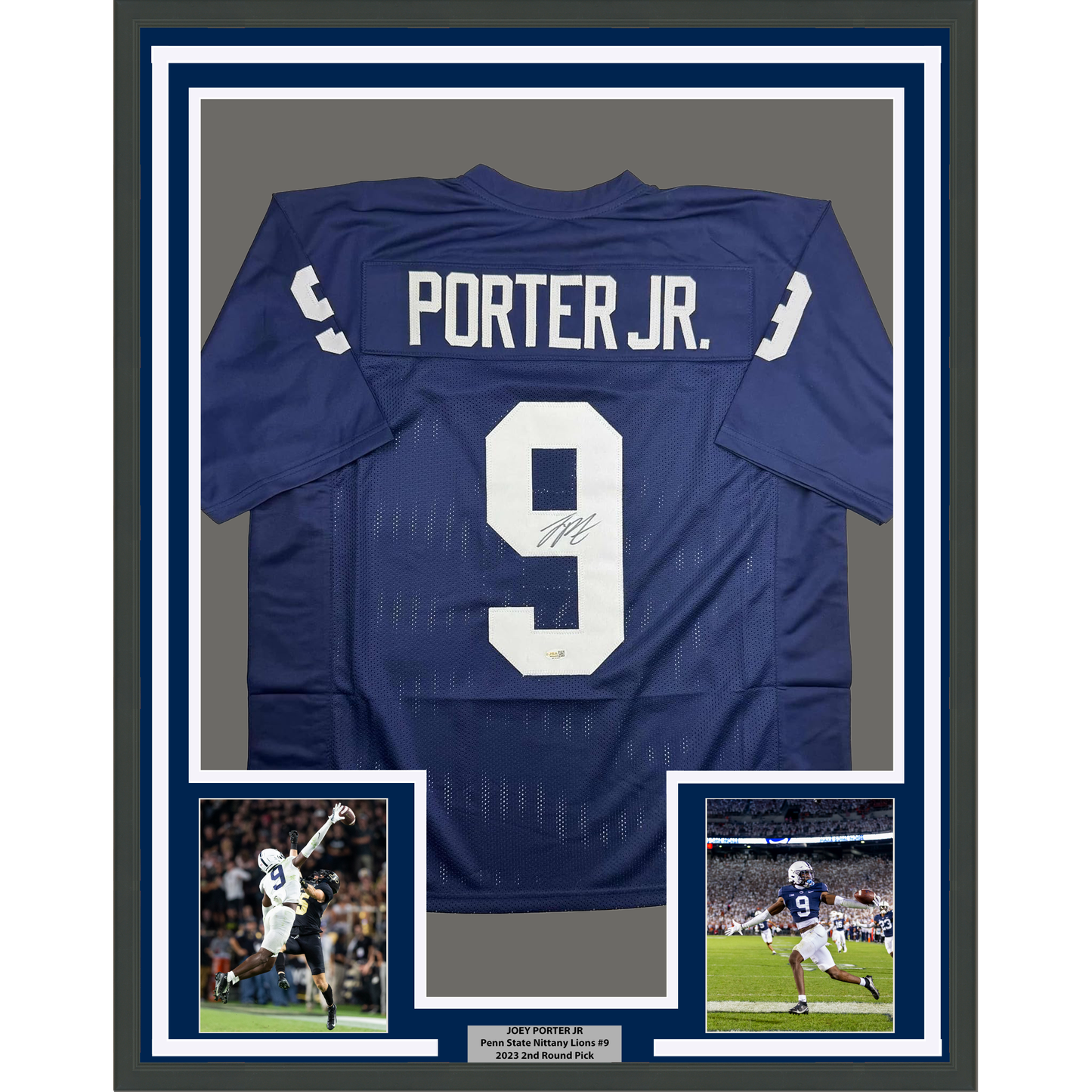 Framed Autographed/Signed Joey Porter Jr. 35x39 Penn State Blue College Football Jersey Beckett BAS COA - Golden Apple Comics