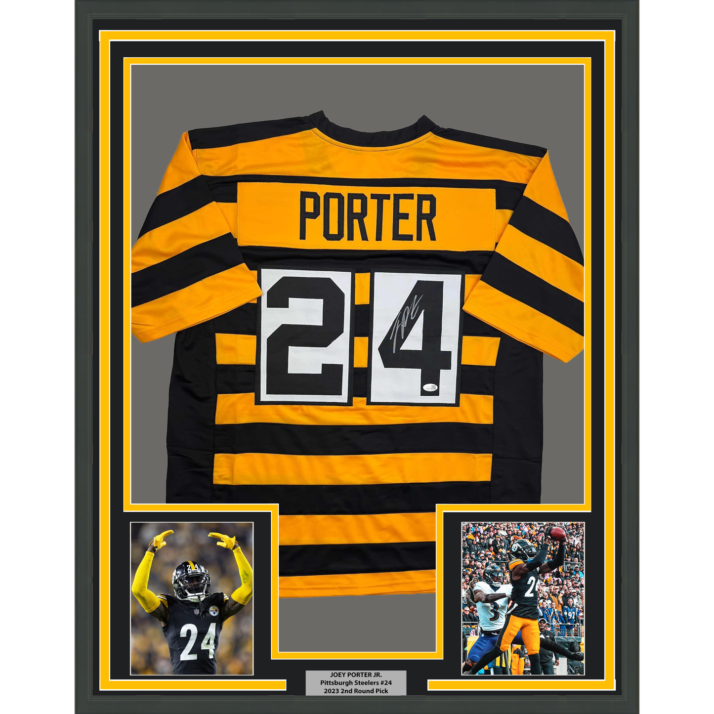 Framed Autographed/Signed Joey Porter Jr. 35x39 Pittsburgh Bumble Bee Football Jersey JSA COA - Golden Apple Comics