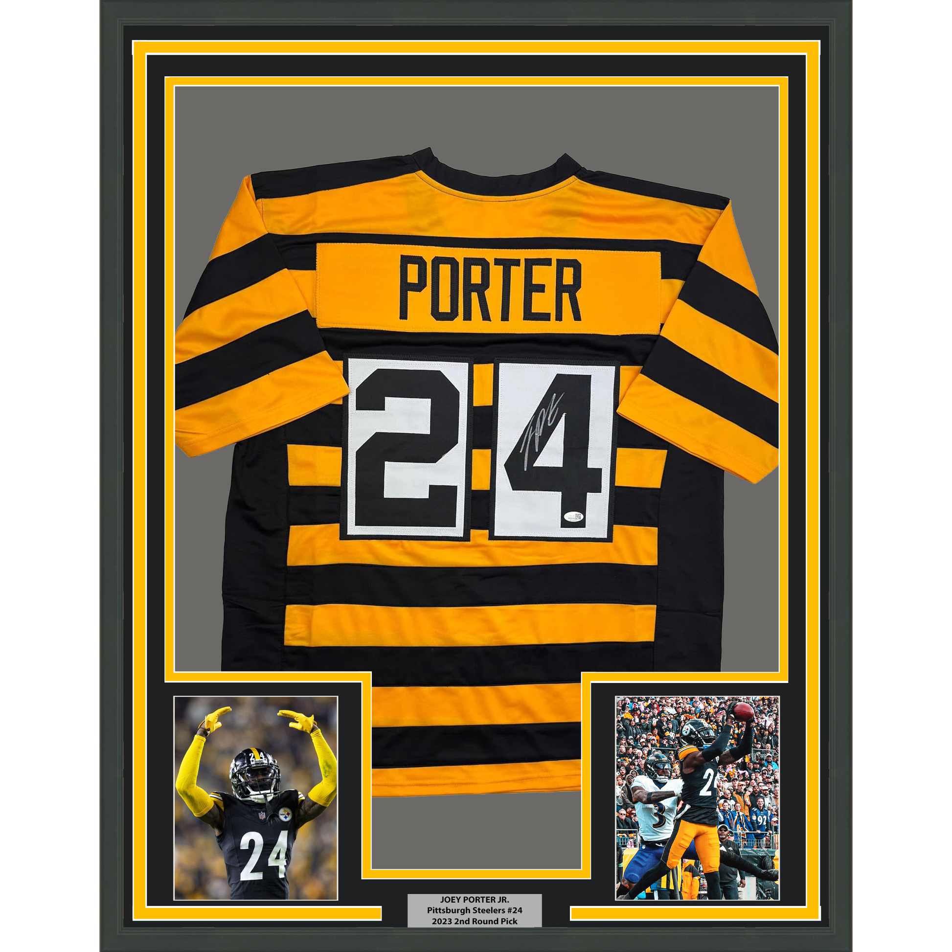 Framed Autographed/Signed Joey Porter Jr. 35x39 Pittsburgh Bumble Bee Football Jersey JSA COA - Golden Apple Comics
