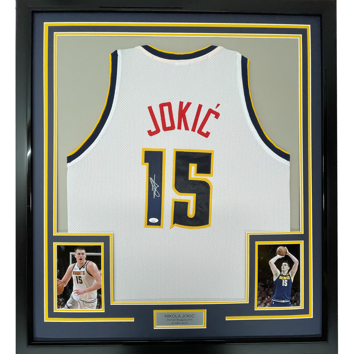 Framed Autographed/Signed Nikola Jokic 35x39 Denver White Basketball Jersey JSA COA