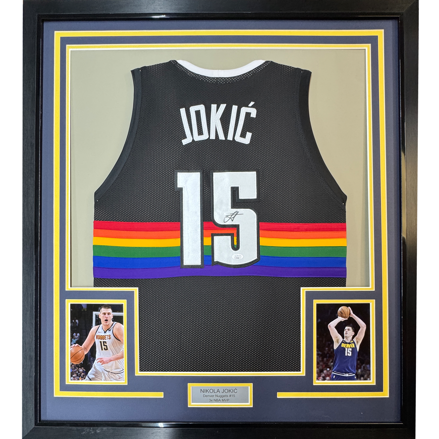 Framed Autographed/Signed Nikola Jokic 35x39 Denver Black Rainbow Basketball Jersey JSA COA