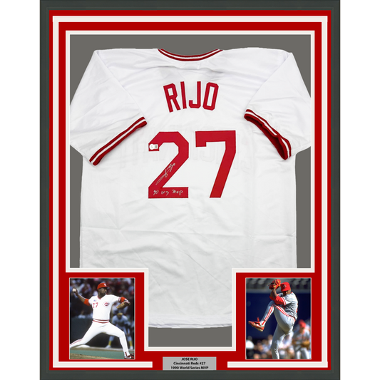 Framed Autographed/Signed Jose Rijo 35x39 90 WS MVP Cincinnati White Baseball Jersey Beckett BAS COA