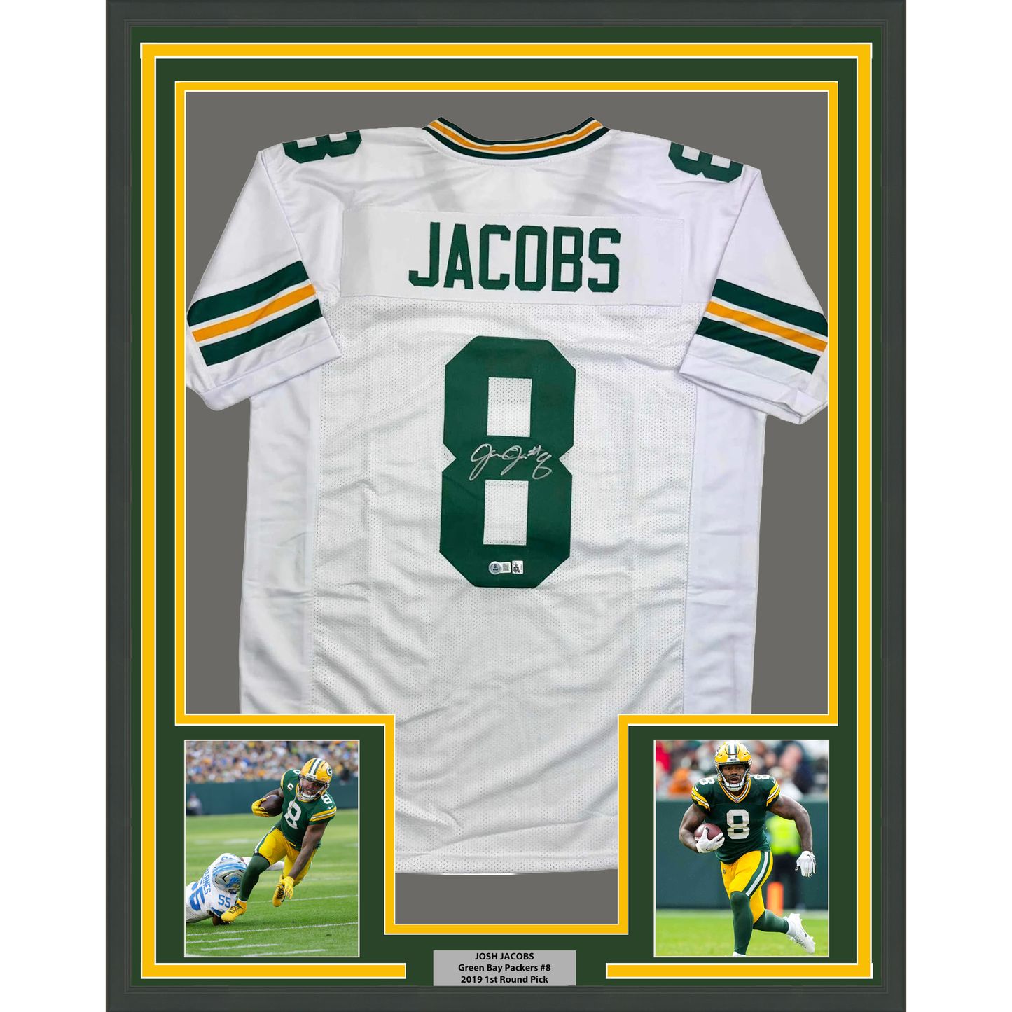 Framed Autographed/Signed Josh Jacobs 35x39 Green Bay White Football Jersey Beckett BAS COA - Golden Apple Comics
