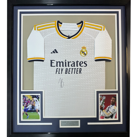 Framed Autographed/Signed Jude Bellingham 35x39 Real Madrid White Soccer Jersey Beckett BAS COA