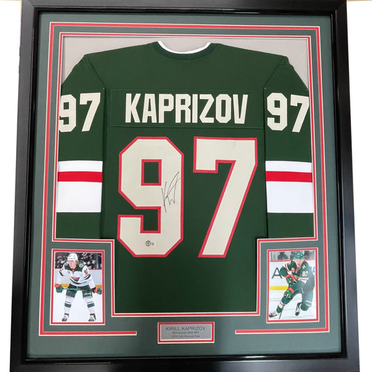 Framed Autographed/Signed Kirill Kaprizov 35x39 Minnesota Green Hockey Jersey Beckett BAS COA - Golden Apple Comics