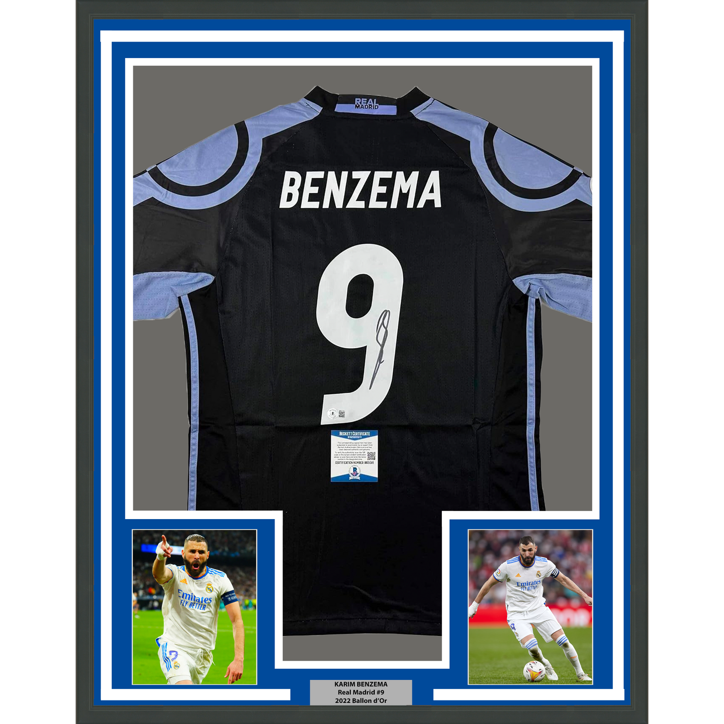 Framed Autographed/Signed Karim Benzema 35x39 Real Madrid 2016-17 Black Soccer Jersey Beckett BAS COA
