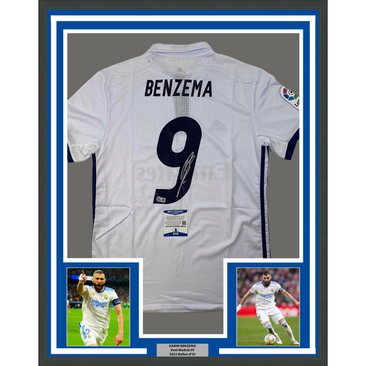 Framed Autographed/Signed Karim Benzema 35x39 Real Madrid 2016-17 White Soccer Jersey Beckett BAS COA