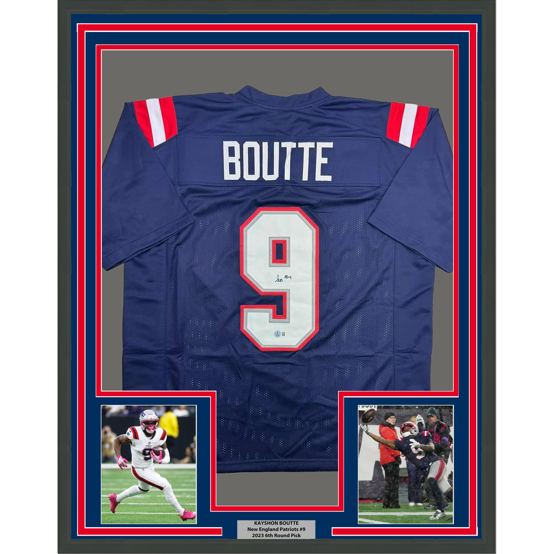 Framed Autographed/Signed Kayshon Boutte 35x39 New England Blue Football Jersey Beckett BAS COA - Golden Apple Comics