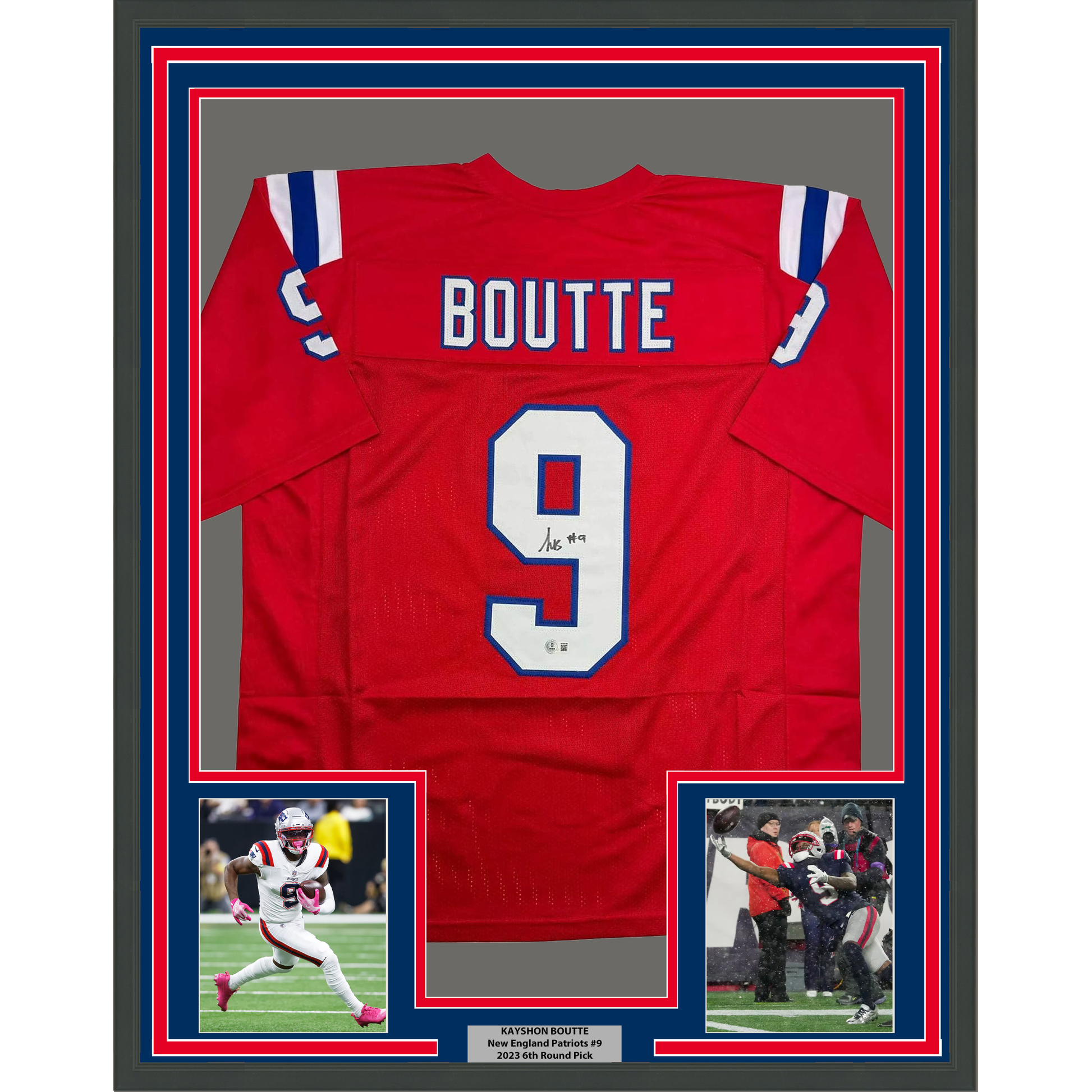 Framed Autographed/Signed Kayshon Boutte 35x39 New England Red Football Jersey Beckett BAS COA - Golden Apple Comics