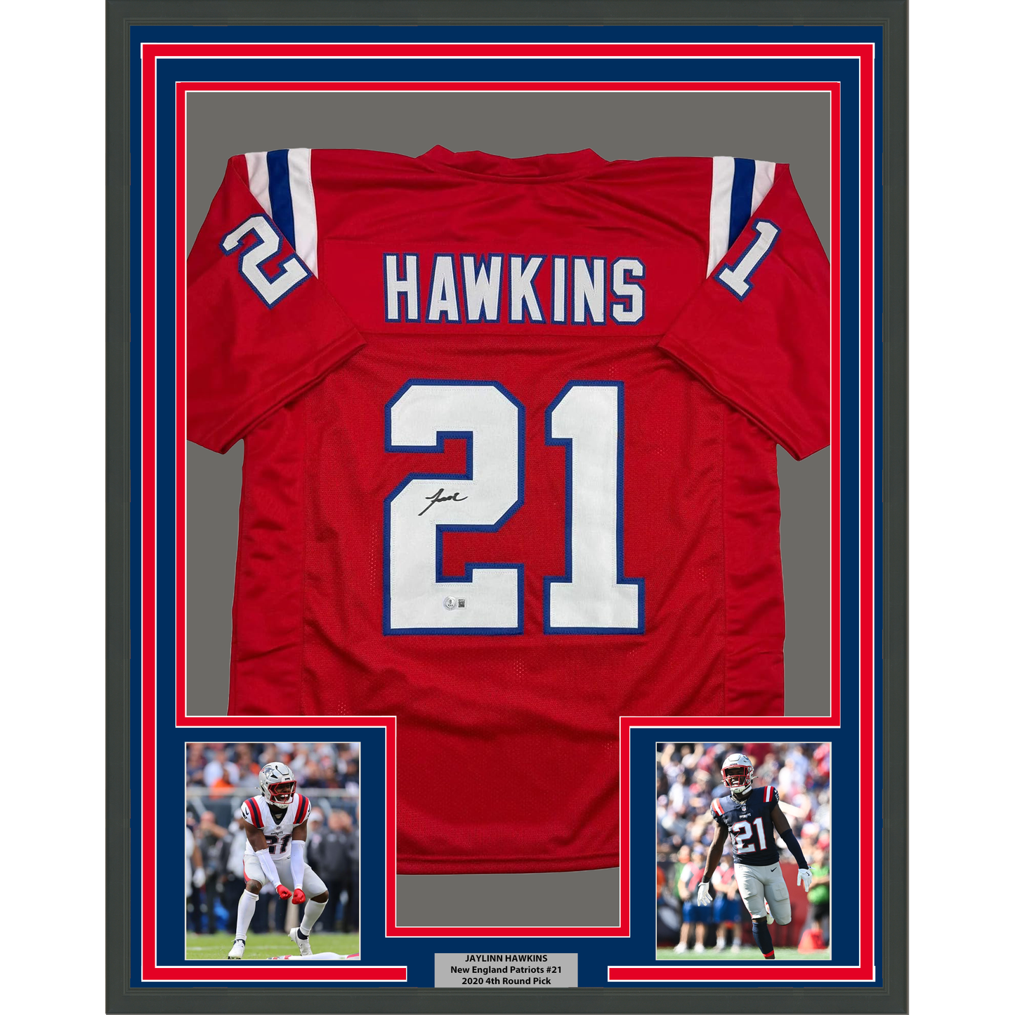 Framed Autographed/Signed Jaylinn Hawkins 35x39 New England Red Football Jersey Beckett BAS COA - Golden Apple Comics