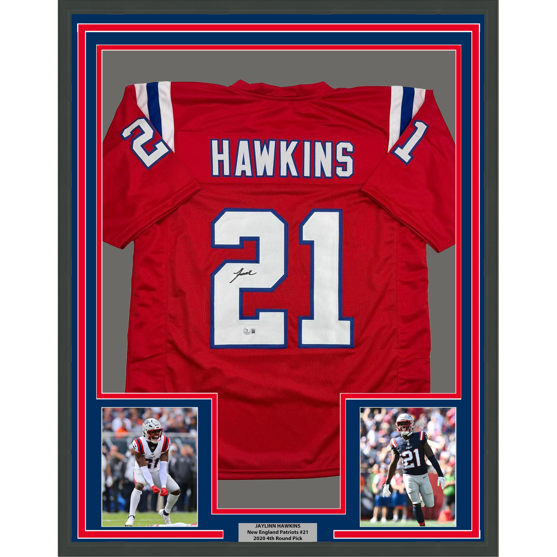Framed Autographed/Signed Jaylinn Hawkins 35x39 New England Red Football Jersey Beckett BAS COA - Golden Apple Comics