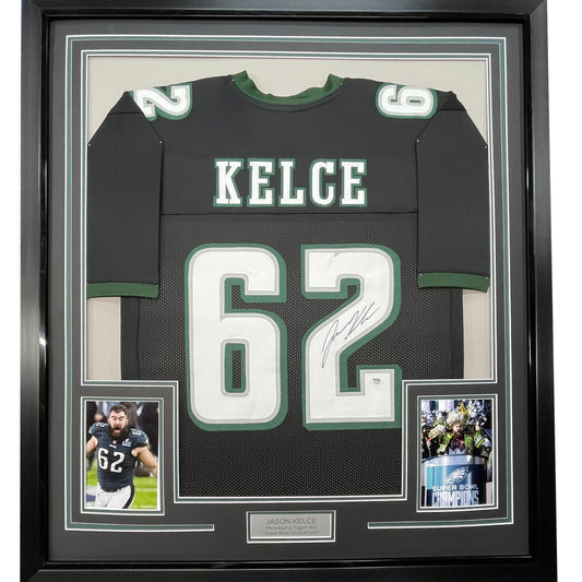 Framed Autographed/Signed Jason Kelce 35x39 Philadelphia Black Football Jersey PSA/DNA COA