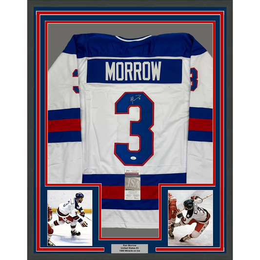 Framed Autographed/Signed Ken Morrow 35x39 1980 Miracle On Ice United States White Hockey Jersey JSA COA