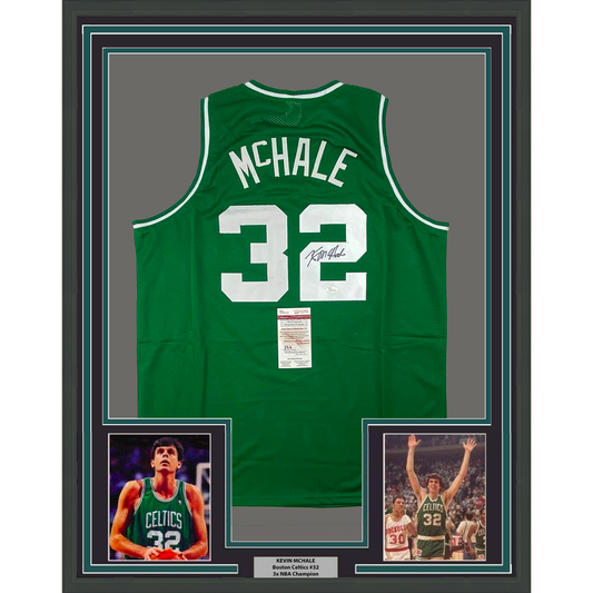 Framed Autographed/Signed Kevin McHale 35x39 Boston Green Basketball Jersey JSA COA