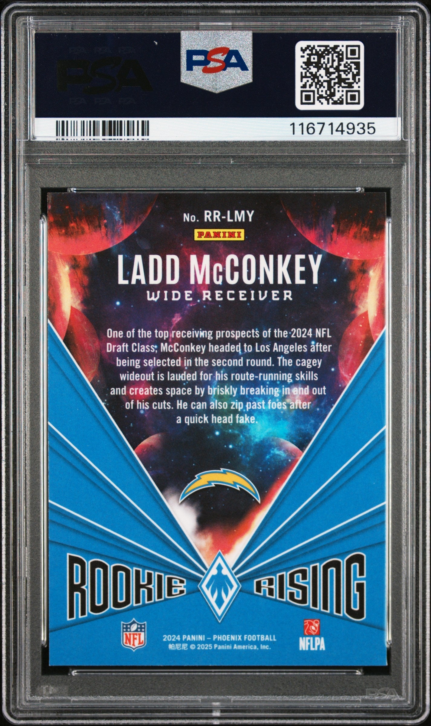 Graded 2024 Panini Phoenix Ladd McConkey #RRLMY Rookie Rising Pandora Rookie RC Football Card PSA 10 Gem Mint