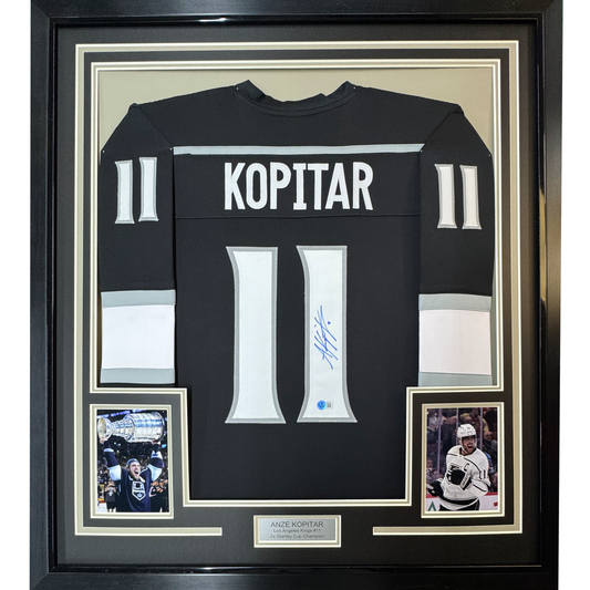 Framed Autographed/Signed Anze Kopitar 35x39 Los Angeles LA Black Hockey Jersey JSA COA