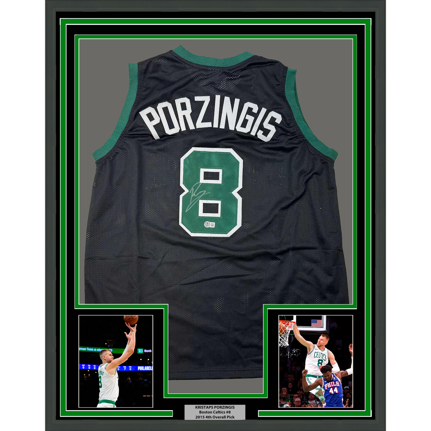 Framed Autographed/Signed Kristaps Porzingis 35x39 Boston Black Basketball Jersey JSA COA