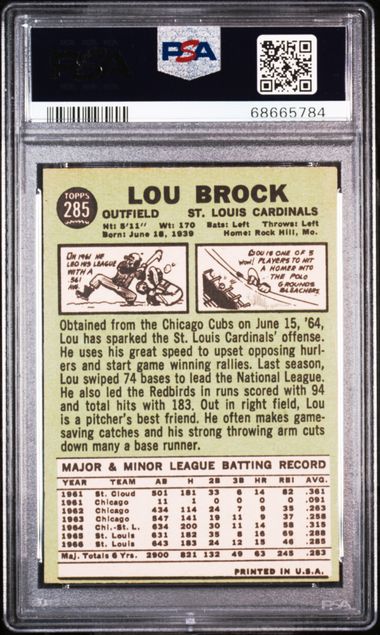 Graded 1967 Topps Lou Brock #285 Baseball Card PSA 5 Excellent