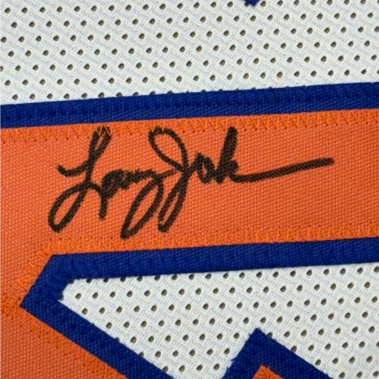 Framed Autographed/Signed Larry Johnson 35x39 New York White Basketball Jersey JSA COA