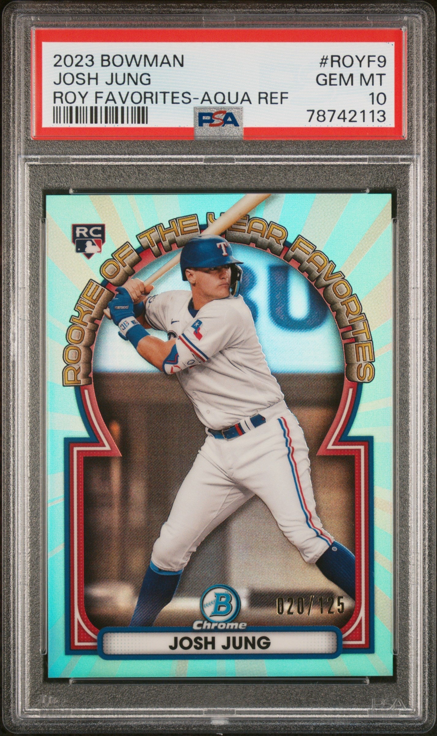 Graded 2023 Topps Bowman Josh Jung #ROYF9 ROY Favorites Aqua Ref Rookie RC Baseball Card PSA 10 Gem Mint - Golden Apple Comics