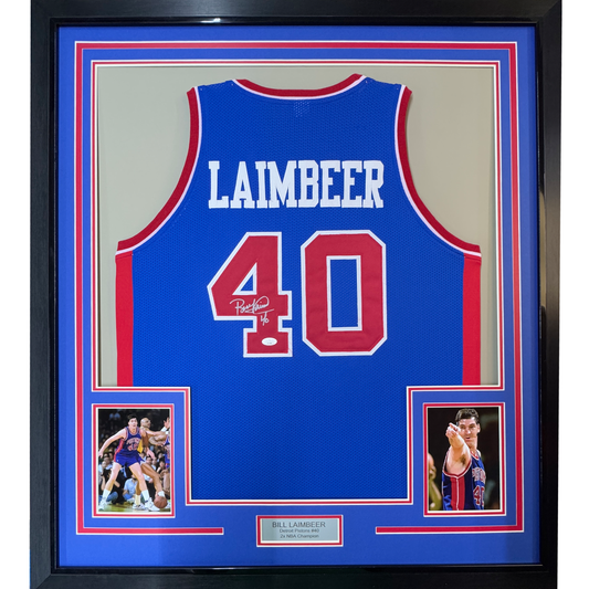 Framed Autographed/Signed Bill Laimbeer 35x39 Detroit Blue Basketball Jersey JSA COA