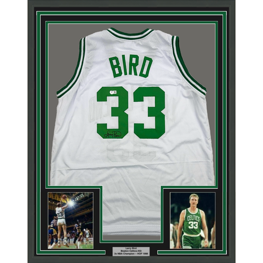 Framed Autographed/Signed Larry Bird 35x39 Boston White Basketball Jersey Beckett BAS COA