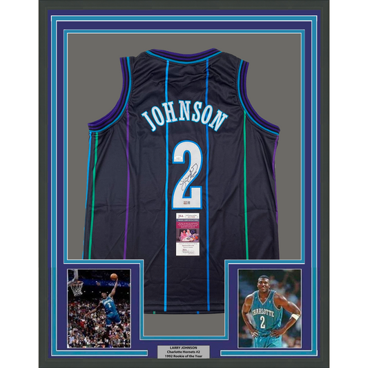 Framed Autographed/Signed Larry Johnson 35x39 Charlotte Black Basketball Jersey JSA COA