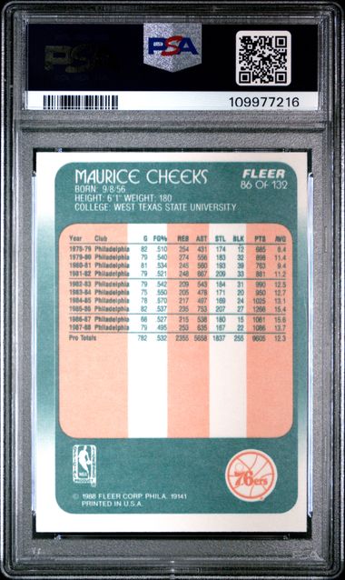 Graded 1988 Fleer Maurice Cheeks #86 Basketball Card PSA 7 Near Mint