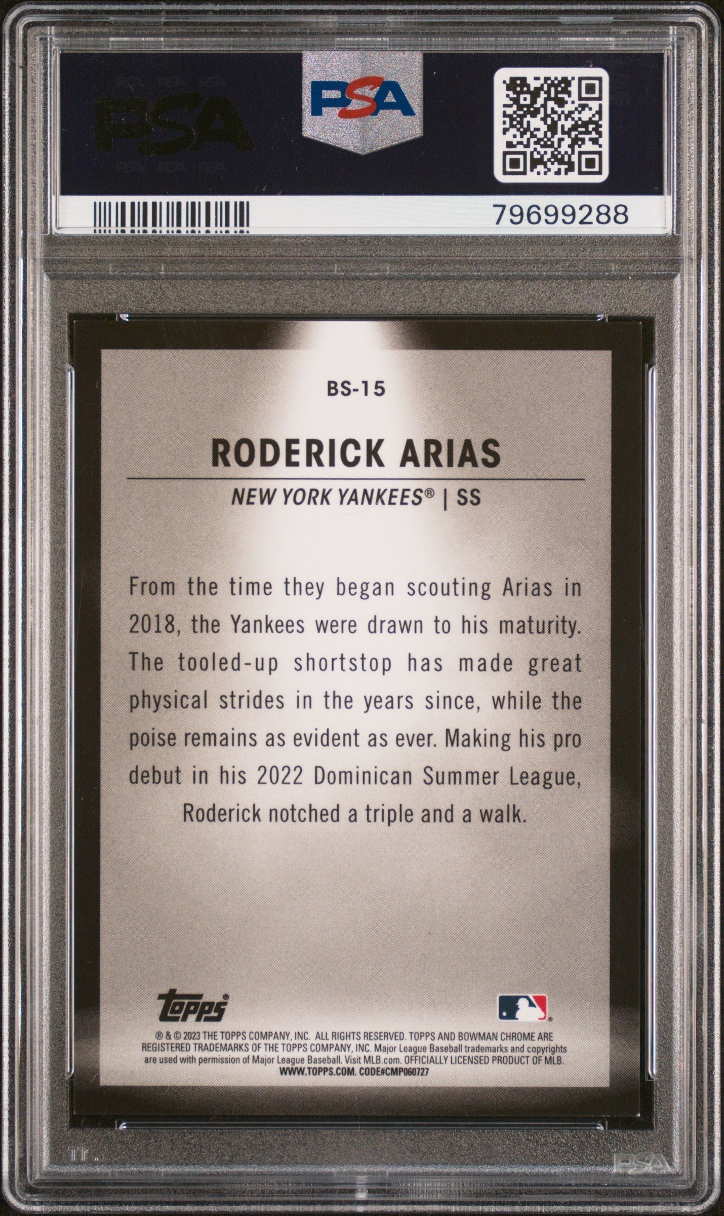 Graded 2023 Topps Bowman Roderick Arias #BS15 Spotlights Aqua Refractor /125 Rookie RC Baseball Card PSA 10 Gem Mint - Golden Apple Comics