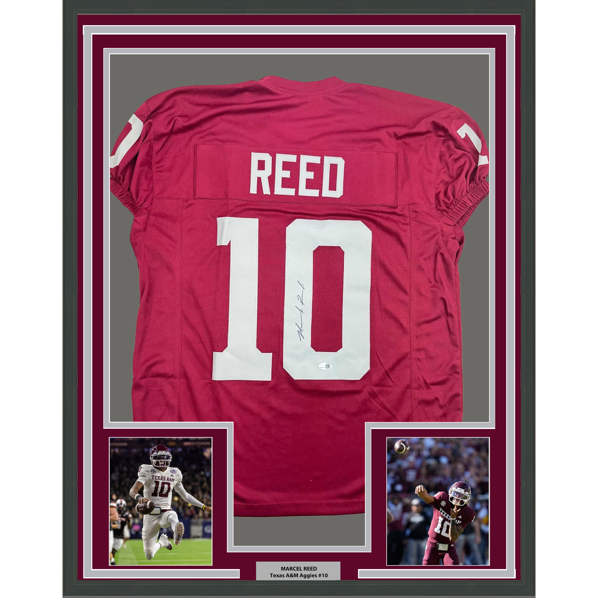 Framed Autographed/Signed Marcel Reed 35x39 Texas A&M Maroon College Football Jersey JSA COA - Golden Apple Comics