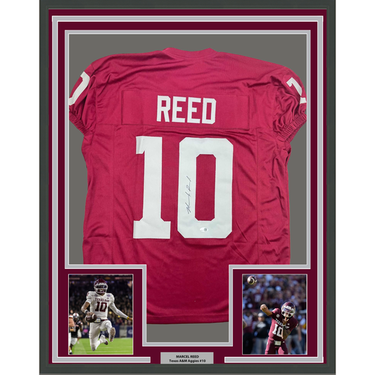 Framed Autographed/Signed Marcel Reed 35x39 Texas A&M Maroon College Football Jersey JSA COA - Golden Apple Comics