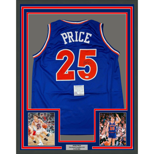 Framed Autographed/Signed Mark Price 35x39 Cleveland Blue Basketball Jersey PSA COA