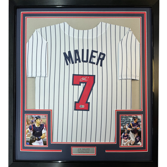 Framed Autographed/Signed Joe Mauer 35x39 Minnesota Pinstripe Baseball Jersey Beckett BAS COA
