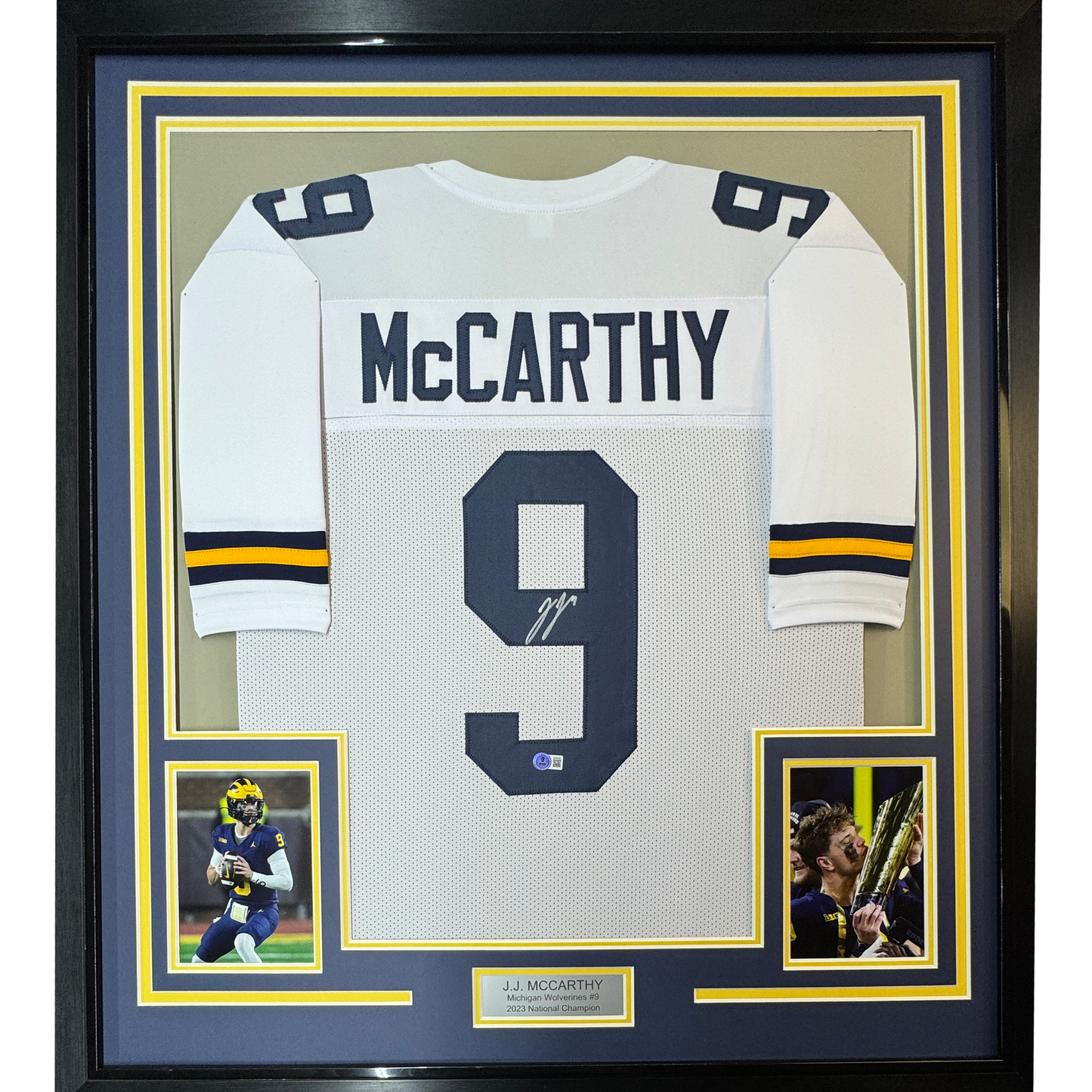 Framed Autographed/Signed J.J. JJ McCarthy 35x39 Michigan White College Football Jersey Beckett BAS COA