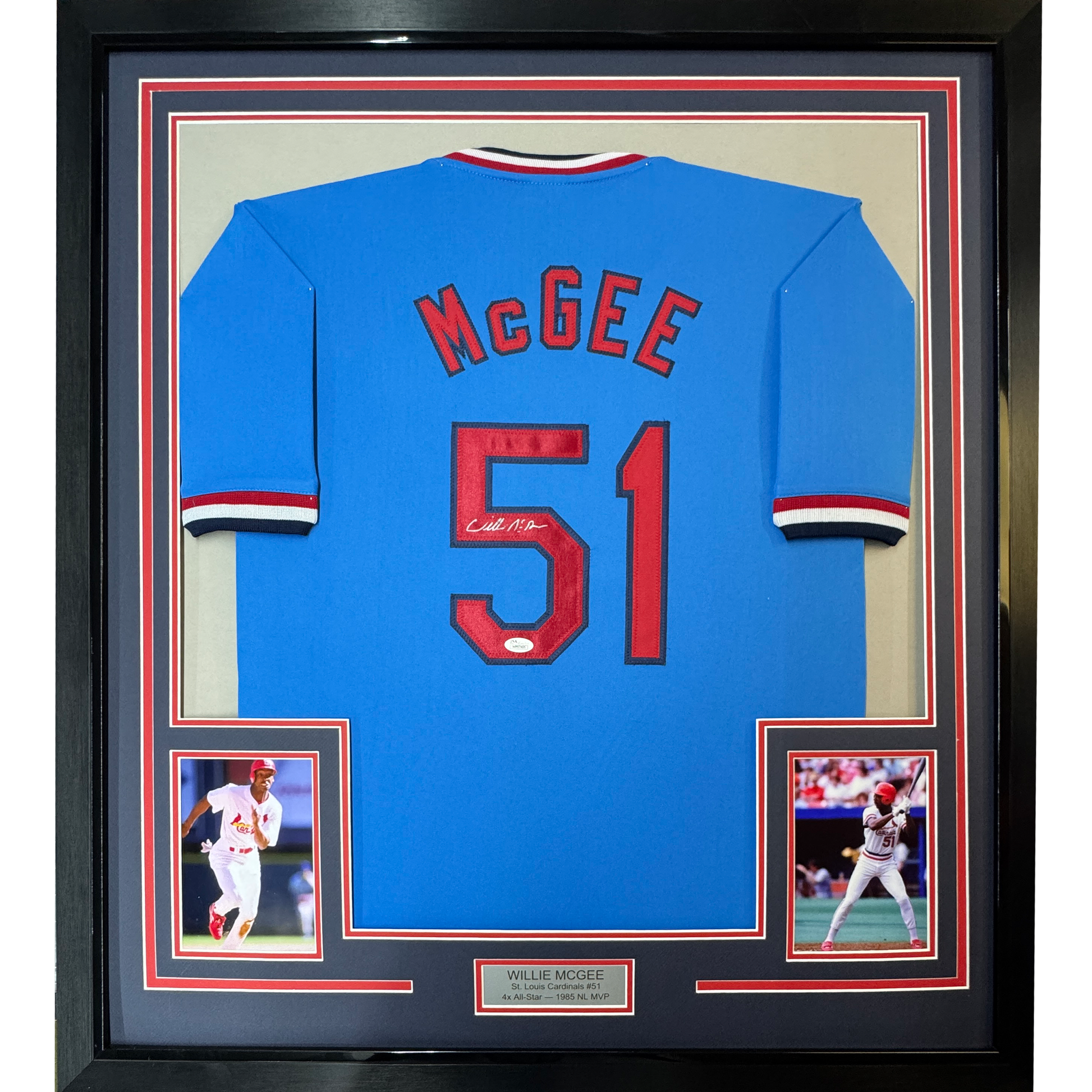 Framed Autographed/Signed Willie McGee 35x39 St. Louis Blue Baseball Jersey JSA COA - Golden Apple Comics