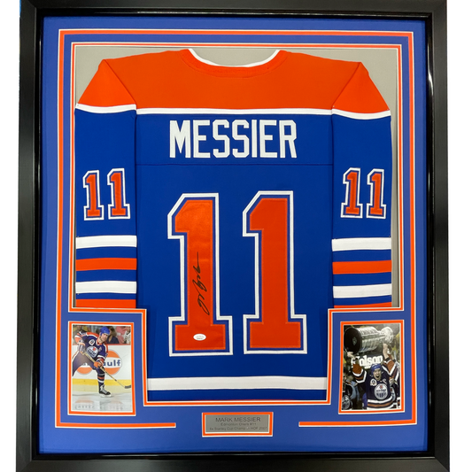Framed Autographed/Signed Mark Messier 35x39 Edmonton Blue Hockey Jersey JSA COA - Golden Apple Comics