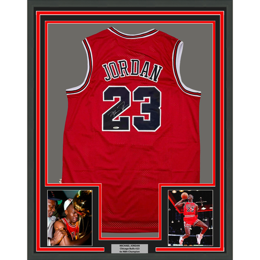 Framed Autographed/Signed Michael Jordan 35x39 Chicago Red Basketball Jersey Upper Deck UDA COA - Golden Apple Comics