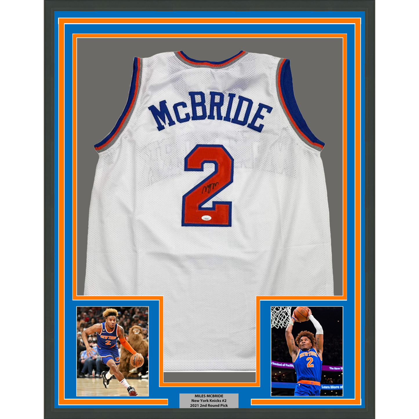 Framed Autographed/Signed Miles Deuce McBride 35x39 New York White Basketball Jersey JSA COA