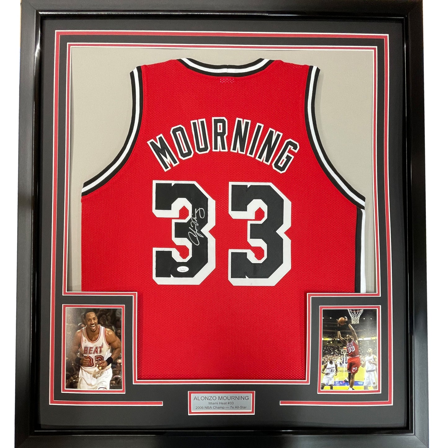 Framed Autographed/Signed Alonzo Mourning 35x39 Miami Red Basketball Jersey JSA COA