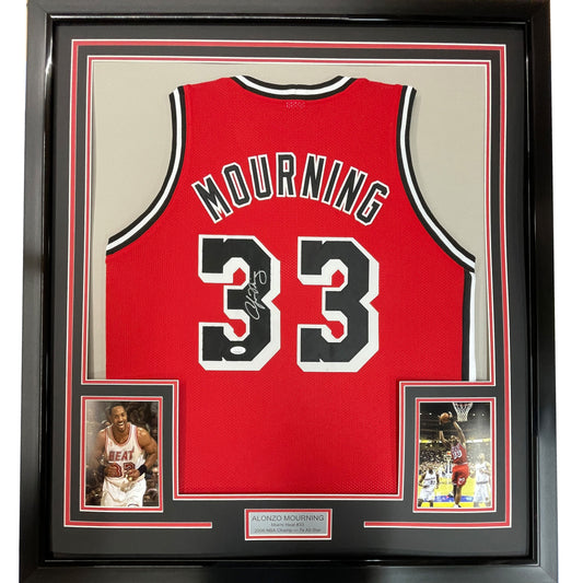 Framed Autographed/Signed Alonzo Mourning 35x39 Miami Red Basketball Jersey JSA COA