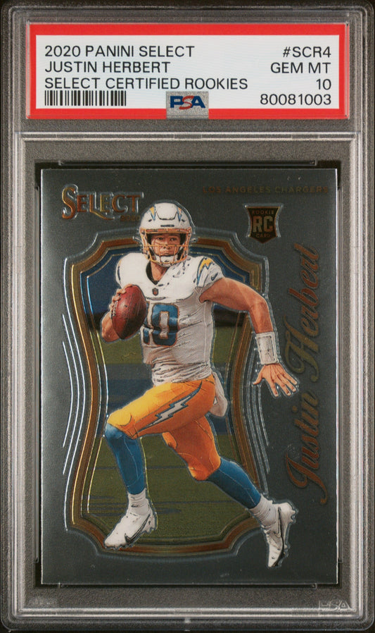 Graded 2020 Panini Select Justin Herbert #SCR4 Select Certified Rookies Rookie RC Football Card PSA 10 Gem Mint