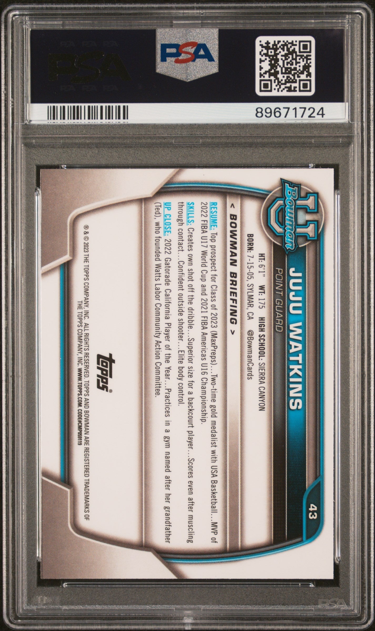 Graded 2022 Topps Bowman University JuJu Watkins #43 Rookie RC Basketball Card PSA 10 Gem Mint