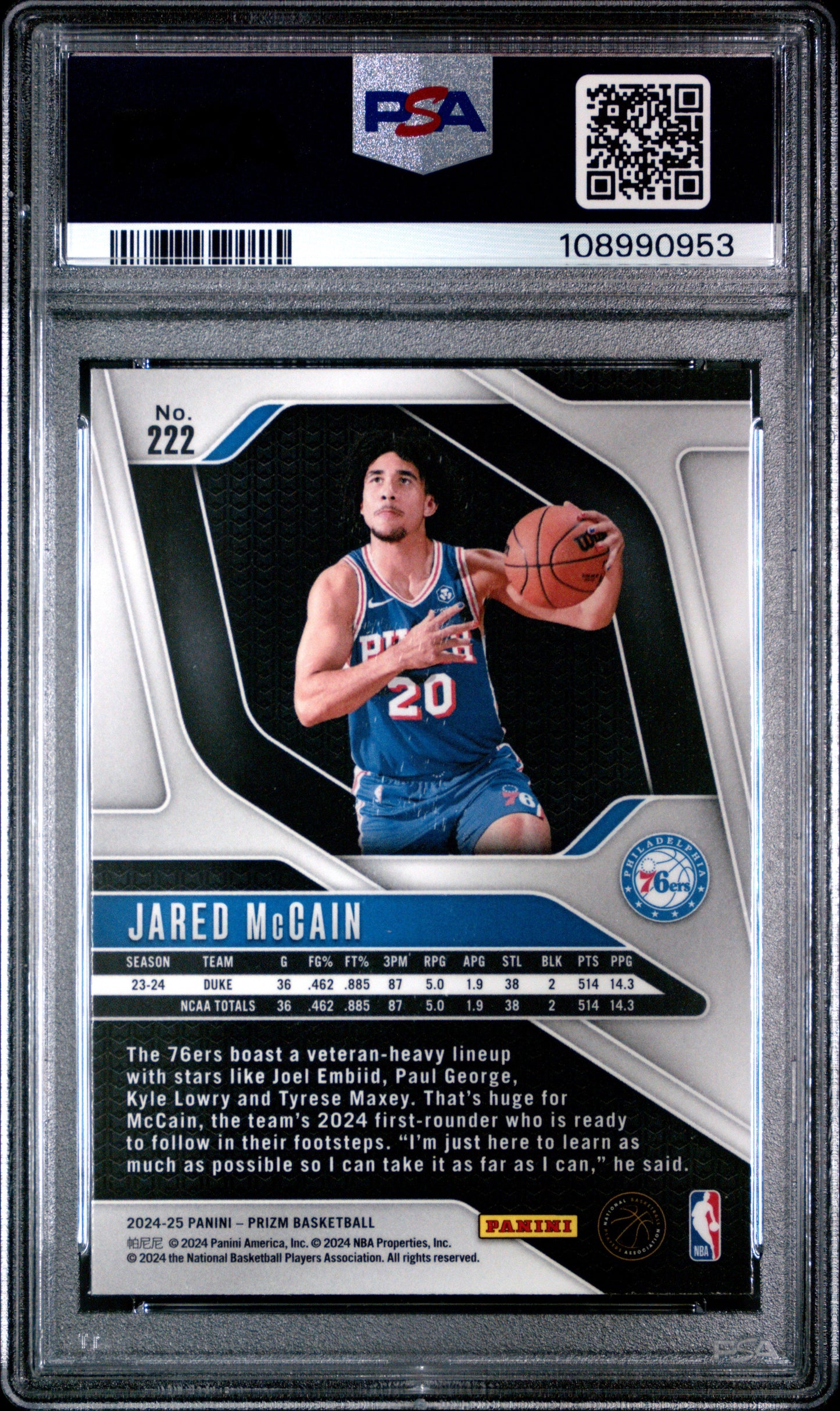 Graded 2024 Panini Prizm Jared McCain #222 Rookie RC Basketball Card PSA 10 Gem Mint