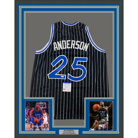 Framed Autographed/Signed Nick Anderson 35x39 Orlando Black Pinstripe Basketball Jersey PSA/DNA COA