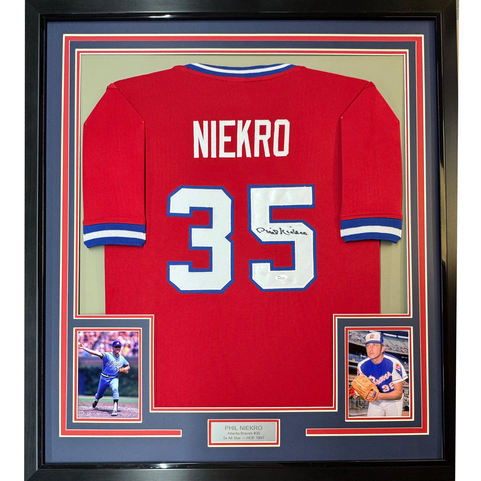 Framed Autographed/Signed Phil Niekro 35x39 Atlanta Red Baseball Jersey JSA COA - Golden Apple Comics