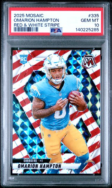 2025 Panini Mosaic Omarion Hampton #335 Red & White Stripe Rookie RC Football Card PSA 10 Gem Mint - Golden Apple Comics