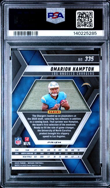 2025 Panini Mosaic Omarion Hampton #335 Red & White Stripe Rookie RC Football Card PSA 10 Gem Mint - Golden Apple Comics