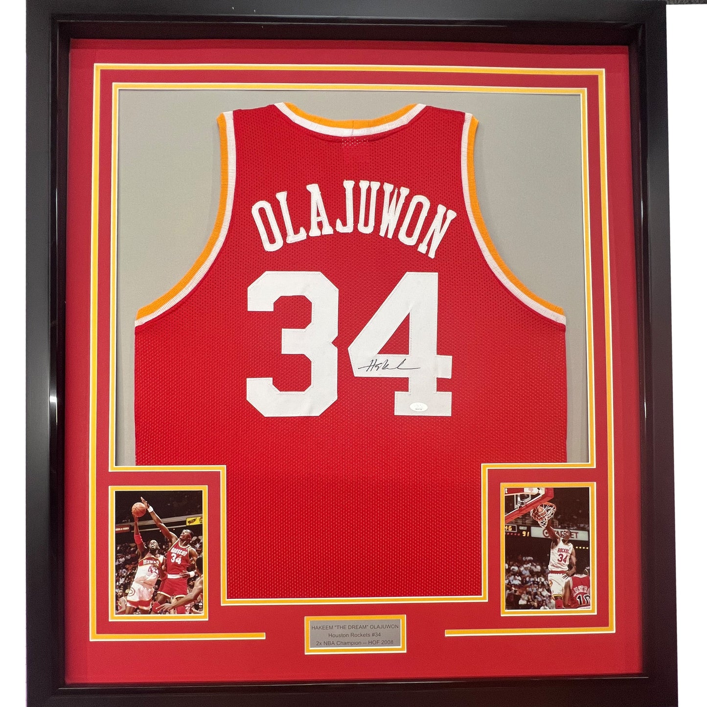 Framed Autographed/Signed Hakeem Olajuwon 35x39 Houston Red Basketball Jersey Beckett BAS COA