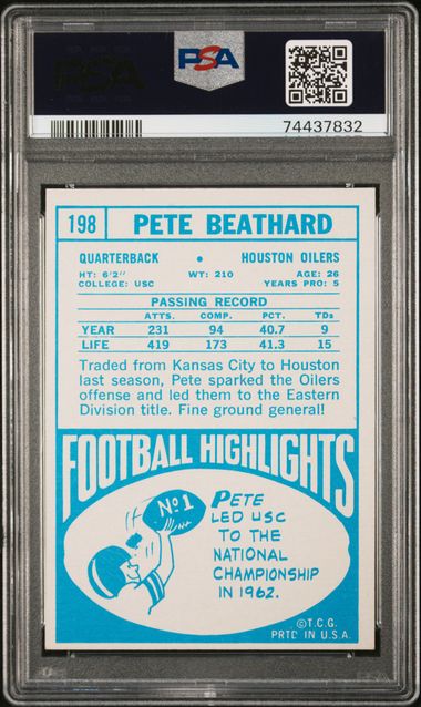Graded 1968 Topps Pete Beathard #198 Football Card PSA 7 Near Mint