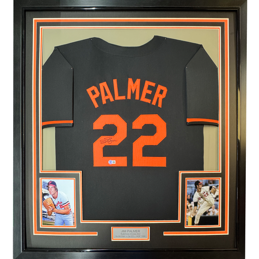 Framed Autographed/Signed Jim Palmer HOF 1990 35x39 Baltimore Black Baseball Jersey JSA COA
